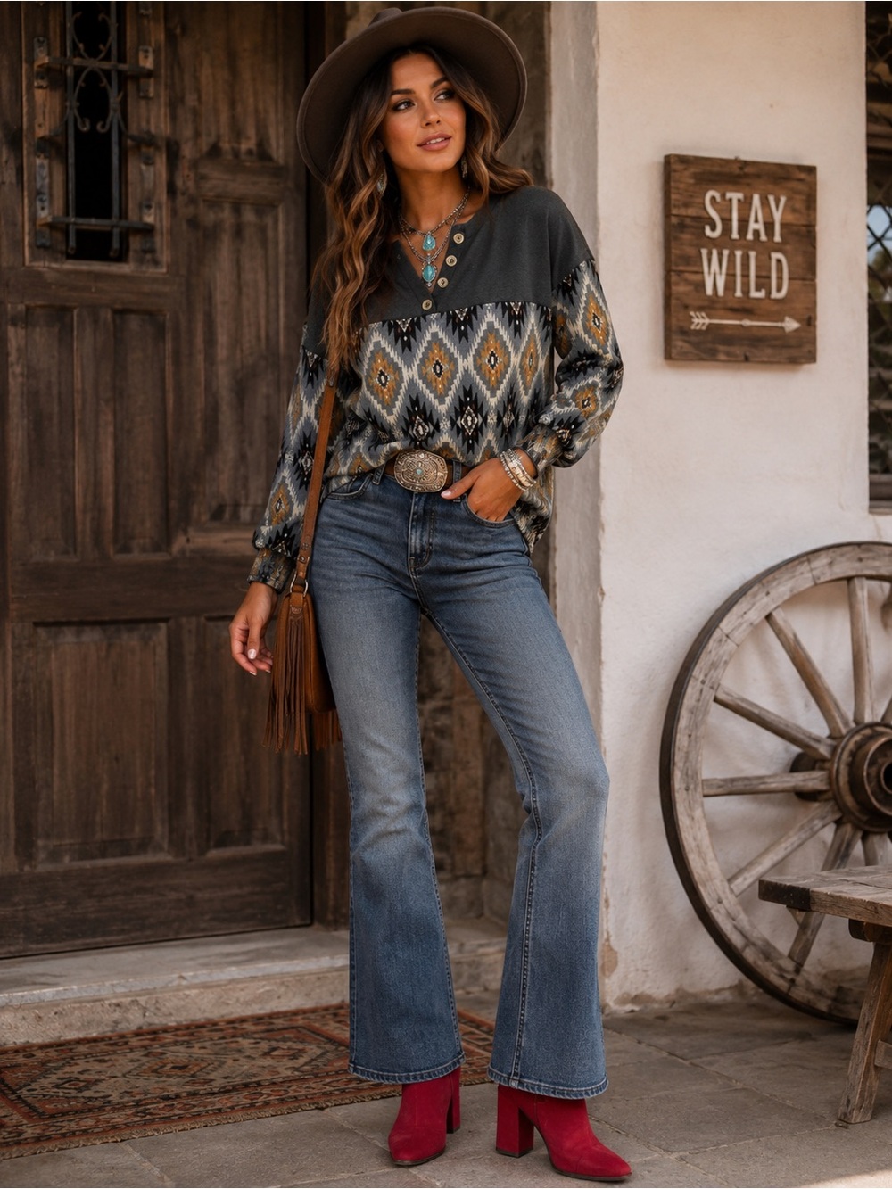 Southwestern Aztec Print Pullover Top Western Core Boho Cowgirl Long Sleeve